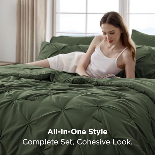 Bedsure Twin Comforter Set & Sheet Set, 5-Piece Olive Green Bedding Set - Image 4