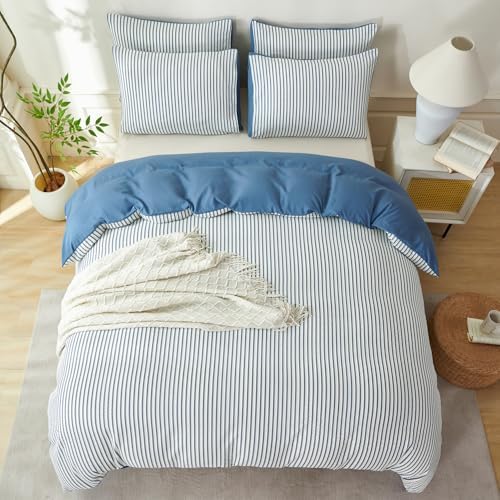 Queen Comforter Set Striped Denim Blue Soft Washed Microfiber Jacquard 3 Pieces - Image 4