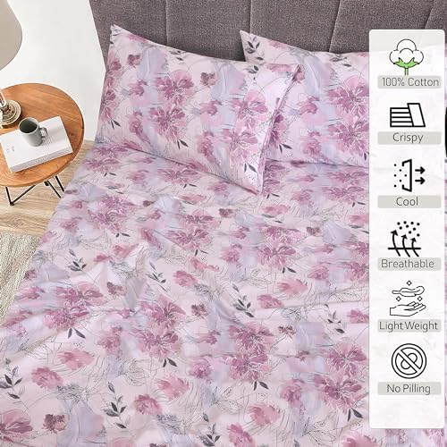 RUVANTI 100% Cotton Split King Sheets, Percale Sheet Set, Lilac Floral - Image 2