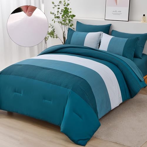 Teal Comforter Set Queen, 7 Piece Blue Striped Bedding Set - Image 2
