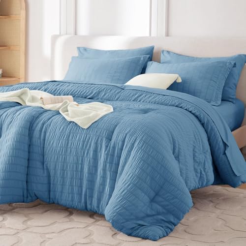 MUXHOMO King Comforter Set 7 Pieces, Seersucker Bed in a Bag, Mineral Blue by MUXHOMO