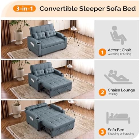 VINGLI Blue Grey Futon Sofa Bed Convertible Loveseat Sleeper Couch, Faux - Image 4