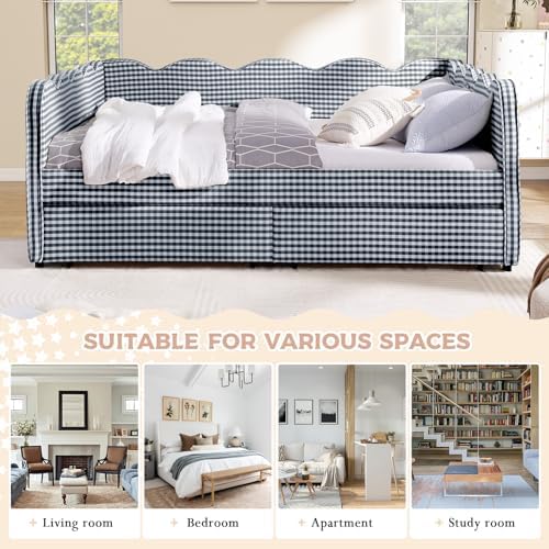 Queen Size Daybed with Storage Drawers, Linen Gingham Daybed with USB Ports & - Image 5