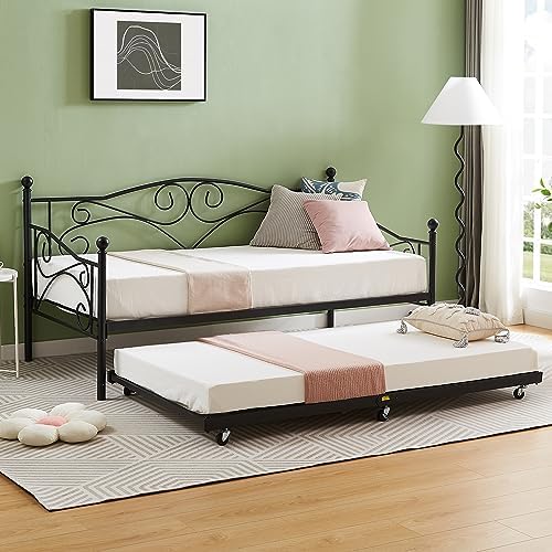 VECELO Metal Daybed Frame with Trundle Twin Size Sofa Bed Mattress Foundation - Image 3