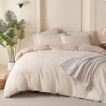 Queen Comforter Set Striped Beige 100% Soft Washed Microfiber Jacquard 3 Pieces by BUPIRD