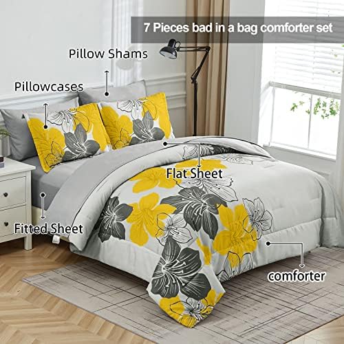 Yellow King Size Comforter Set, 7 Pieces Yellow Floral on Gray Bed in a Bag - Image 2