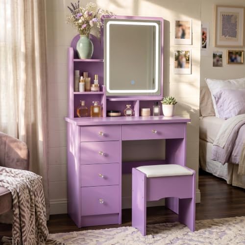 Purple Makeup Vanity Desk with Mirror and Lights, 5 Drawers - Image 7