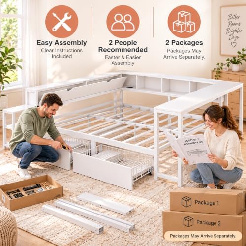 Queen Corner Bed with Desk and Storage, LED corner Bed Frame - Image 7