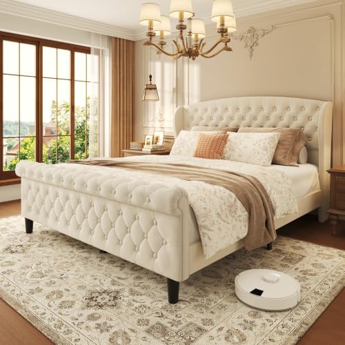 HISOFT Queen Platform Bed Frame, Velvet Upholstered Sleigh Bed by HISOFT