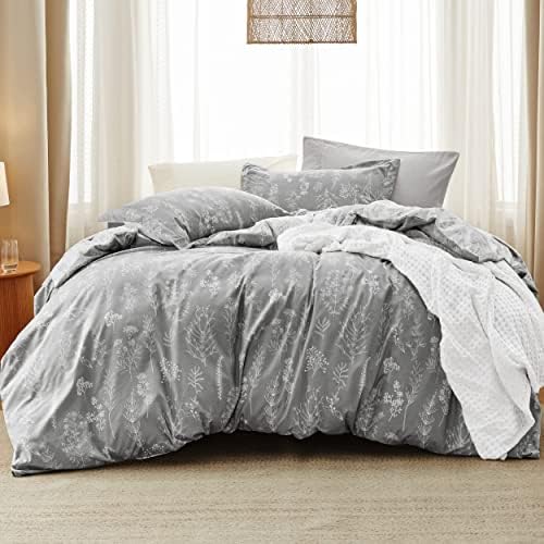 Bedsure Floral Comforter Set Cute Bedding Set Full Reversible Grey by BEDSURE