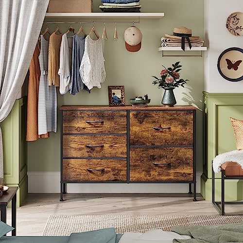 WLIVE 5 Drawer Fabric Dresser for Bedroom, Wide Storage Chest, Rustic Brown - Image 4