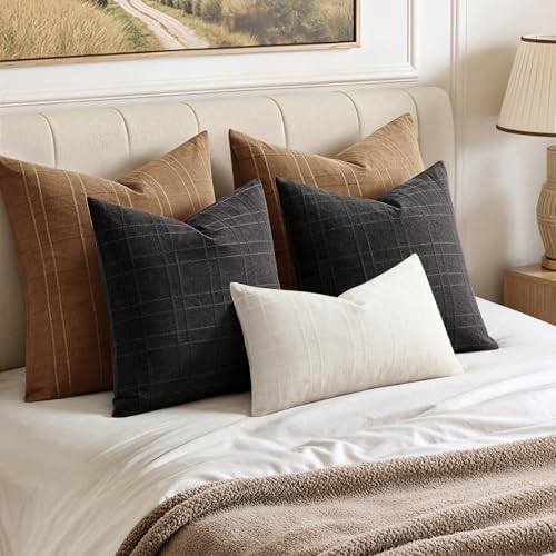 MIULEE Linen Plaid Pillow Covers Fall Decorative Euro 24x24 Camel Brown - Image 3