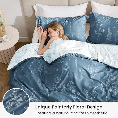 Love's cabin Floral Comforter Set Cute Bedding Twin Reversible Bluish Grey - Image 2