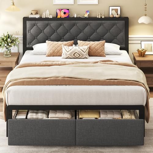 Queen Bed Frame with 2 Storage Drawers, Upholstered Headboard Button Tufted Bed - Image 3