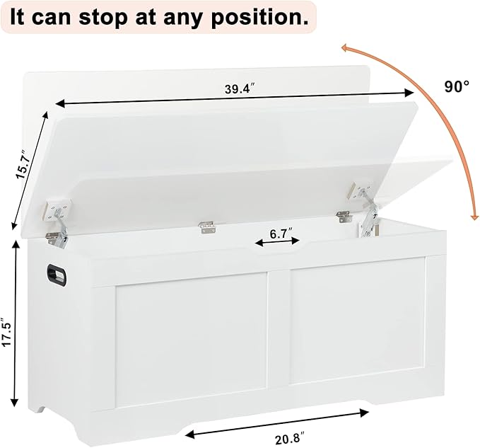 39.4" Storage Chest, Wooden Storage Bench, Lift Top Toy Chest with 2 Safety Hinges, Large Toy Box, Entryway Bench for Living Room, Bedroom, White
