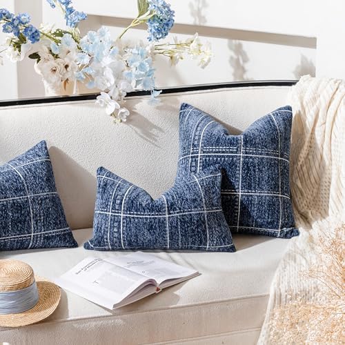 Decorative Lumbar Pillow Covers 12x20 Set of 2, Boho Blue Chenille Accent - Image 3