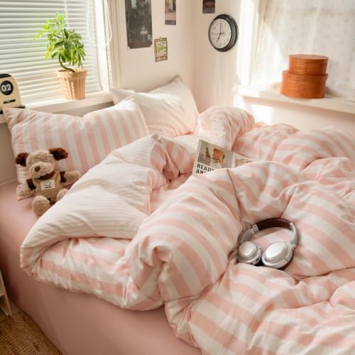 Nayoroom Striped Comforter Set Queen Reversible Pink White Stripe Bedding - Image 3