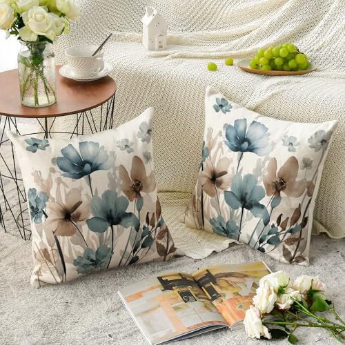 AVOIN colorlife Poppy Flowers Blue Brown Pillow Covers 18x18 Inch Set of 2 - Image 5