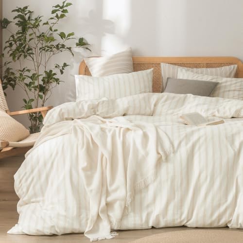 BESTOUCH Striped Cotton Duvet Cover Set Linen Feel Oversized Queen by BESTOUCH