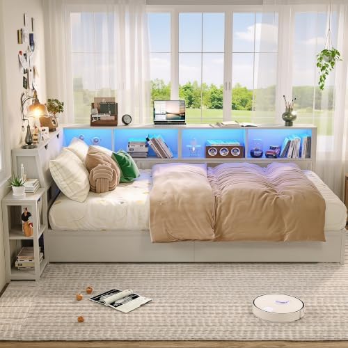 Twin Corner Bed Frame with Storage Bookcase and Bedside Rack - Image 3