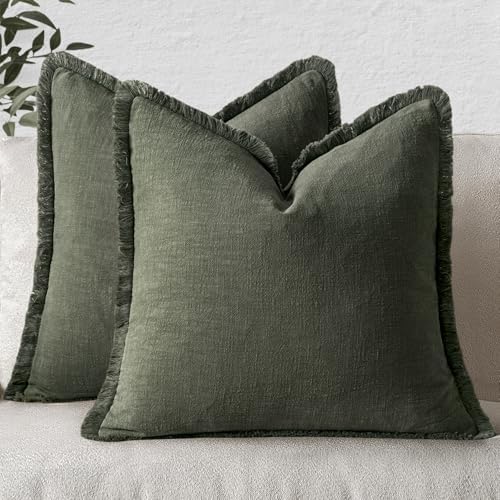 MIULEE Boho Linen Fringe Decorative Throw Pillow Covers Rifle Green 18x18 by MIULEE