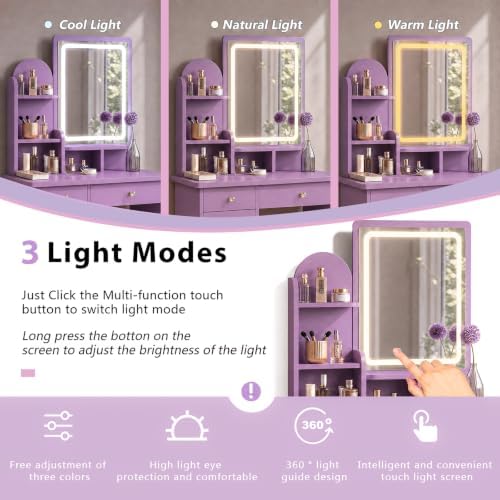 Purple Makeup Vanity Desk with Mirror and Lights, 5 Drawers - Image 4