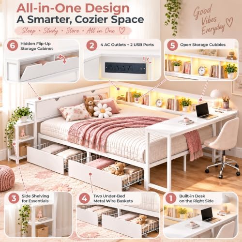 Queen Corner Bed with Desk and Storage, LED corner Bed Frame - Image 3