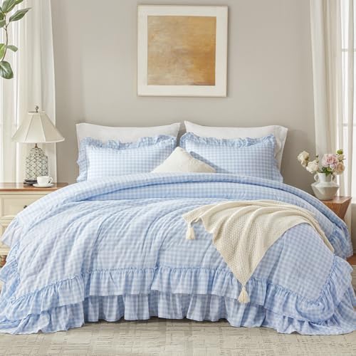 Andency Blue Gingham Twin Size Ruffle Comforter Set, 2 Pieces - Image 2