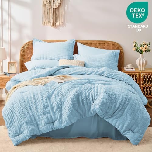 Queen Comforter Sets with Sheets, 7 Pieces Bed in a Bag, Light Blue - Image 5