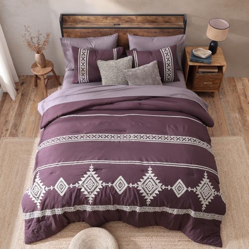 MaiRêve Embroidery Queen Comforter Set 7 Pieces Purple Western Bed in a Bag - Image 4