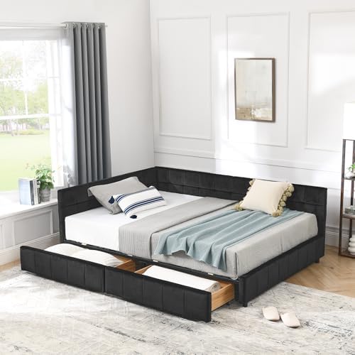 RuiSiSi Full Size Daybed with Storage Drawers, Velvet Corner Bed with L-Shaped by RuiSiSi