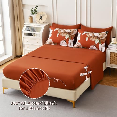 Burnt Orange Comforter Set King Size, 7 Piece Floral Bed in a Bag - Image 6