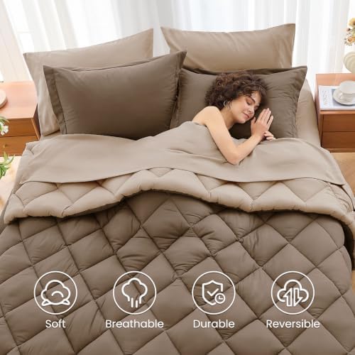 Twin Comforter Set 5-Piece, Reversible Bed in a Bag, Light Brown/Dark Linen - Image 6
