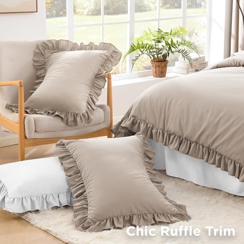 Litanika Queen Comforter Set, 3 Pieces Light Coffee Ruffle Bedding Set - Image 5