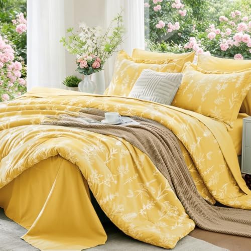 MUXHOMO Full Comforter Set, 7-Piece Floral Bed in a Bag, Bright Yellow by MUXHOMO