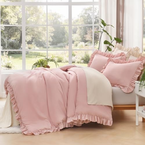 Litanika Queen Comforter Set, 3 Pieces Blush Ruffle Bedding Set - Image 4