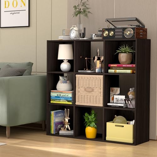 PrimeZone 9 Cube Storage Organizer, Stackable Wood Cubby Bookshelf Espresso - Image 2