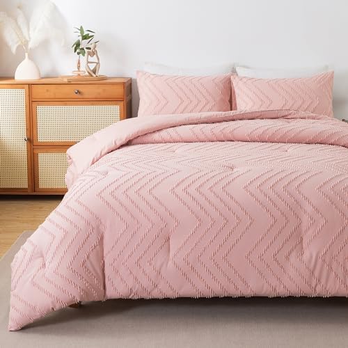 Andency Blush Pink Comforter Set Queen Size, 3 Pieces Boho Bed Set - Image 4