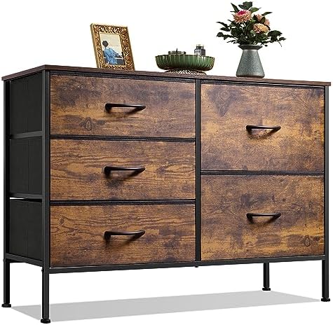 WLIVE 5 Drawer Fabric Dresser for Bedroom, Wide Storage Chest, Rustic Brown by WLIVE