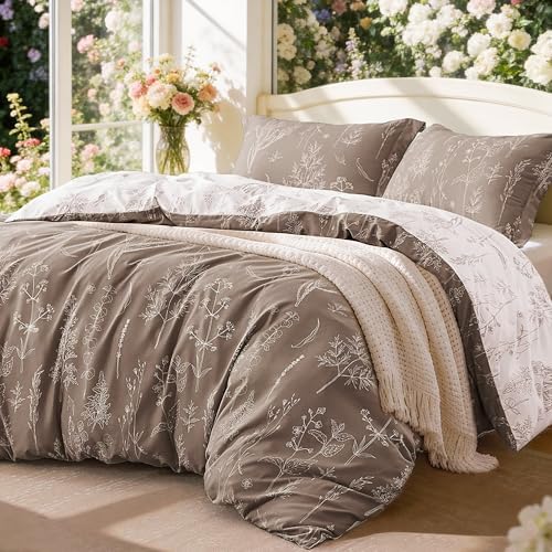 Love's cabin Floral Comforter Set Cute Bedding King Reversible Light Taupe by Lovescabin