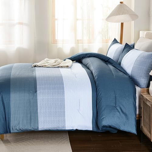 Blue Comforter Set King, Reversible Haze Blue Patchwork Stripe Comforter - Image 5