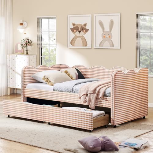 Twin Size Daybed with Storage Drawers, Linen Gingham Daybed with USB Ports & - Image 7