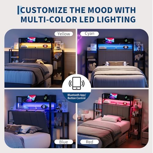 Twin Size Upholstered Platform Bed Frame, Storage Headboard, LED Light - Image 6