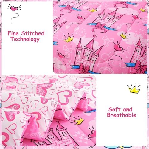 Kids Twin Comforter Bed Set 6 Pieces Castle Heart Girls Bedding Set - Image 4