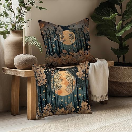 Rustic William Morris Inspired Gold Forest Moon Pillow Covers 18x18 Set of 2 - Image 5