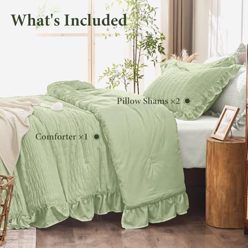 JOLLYVOGUE Sage Green Queen Comforter Set, 3 Pieces Seersucker Comforters Queen - Image 6