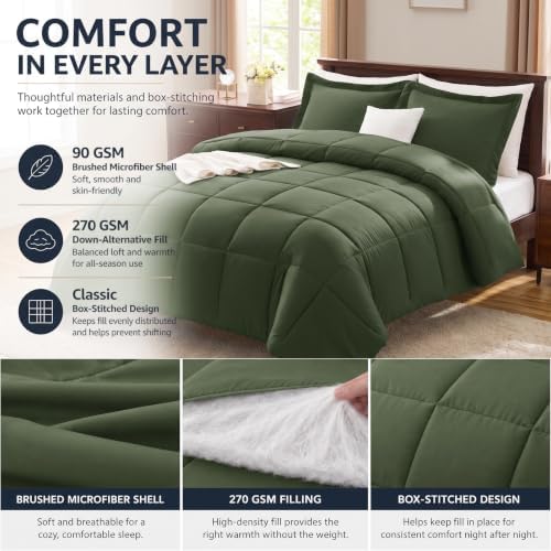 CozyLux Full Size Comforter Sets, 3-Piece Box-Stitched, Olive Green - Image 3