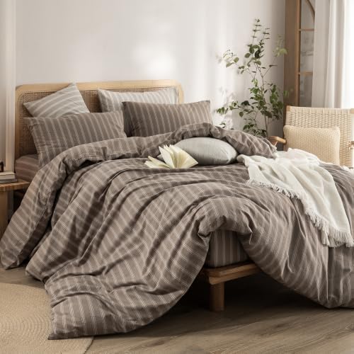 BESTOUCH Striped Cotton Duvet Cover Set Linen Feel Full - Image 5