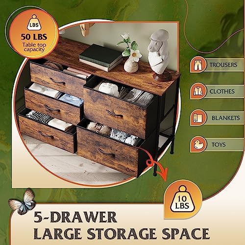 WLIVE 5 Drawer Fabric Dresser for Bedroom, Wide Storage Chest, Rustic Brown - Image 5
