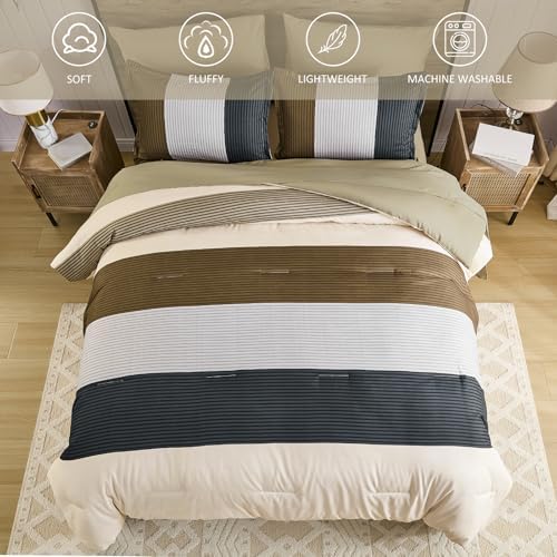 Striped King Size Comforter Set, 7 Pieces Brown Black Beige Bedding Set - Image 7